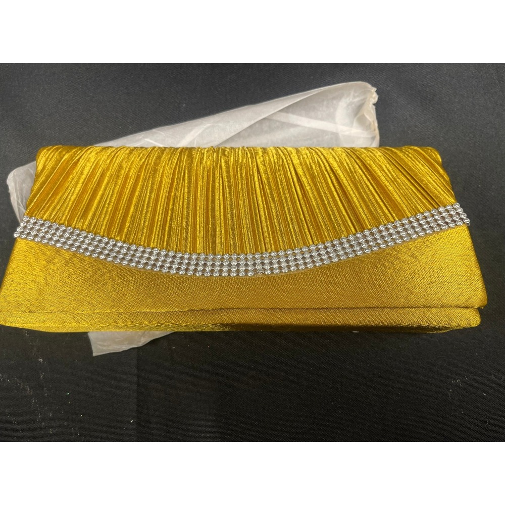 Chicastic‎ Gold Pleated Satin Evening Clutch Bag Rhinestone Accents New